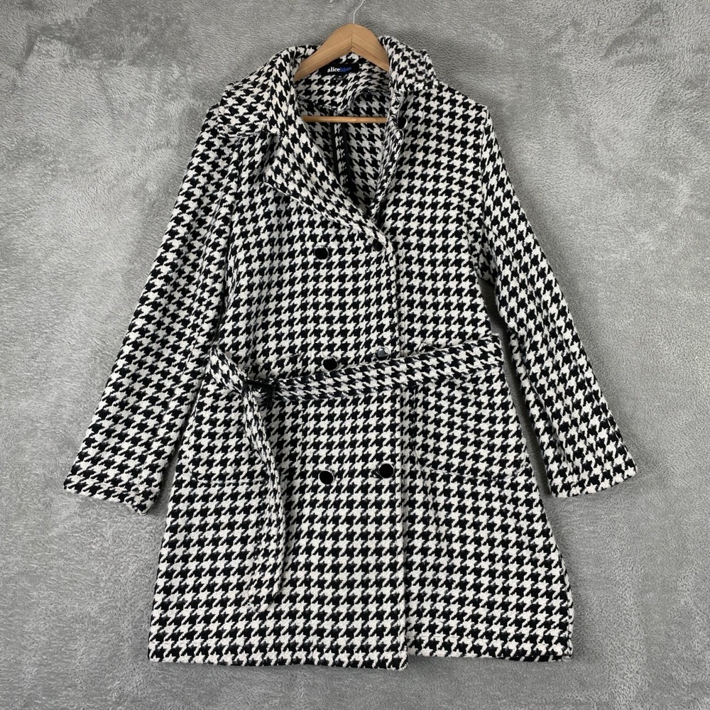 Alice Blue Houndstooth Trench Coat Women Medium Black White Double Breasted Belt